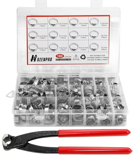 HOZENPRO 180 Stück Einohrige Schlauchklemmen, 12 Größen (5.3-33.1mm) Schlauchschellen aus Edelstahl 304 mit Einohr-Klemmzange, für Wasserleitungen, Sanitär und Kfz-Anwendungen