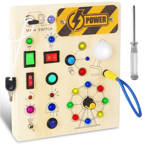 Montessori Busy Board från 1 år, Aktivitetsbräda Träleksak med LED-ljusswitchar, Montessori Lekdon till Motorik & Sensorik, Lärlekdon, Present för Pojkar & Flickor 1-4 År