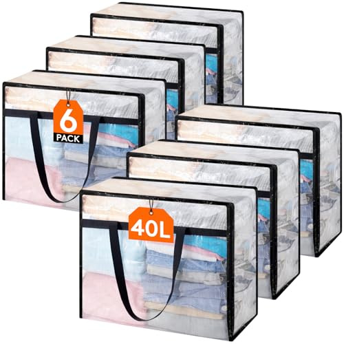 Lifewit Förvaringslådor 40L, Klädförvaring PP Robust, Transparent Förvaringspåse med Handtag, Vikbar Förvaring Under Sängen för Flytt, Täcken, Filtrar och Leksaker, 6-Pack