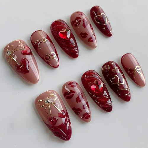 30Pcs Red Heart Press on Nails, Medium Almond Fake Nails with 3D Love Cherry Design, Glossy Stick on Nails for Women, Girls for Parties, Dates, Proms (Red)
