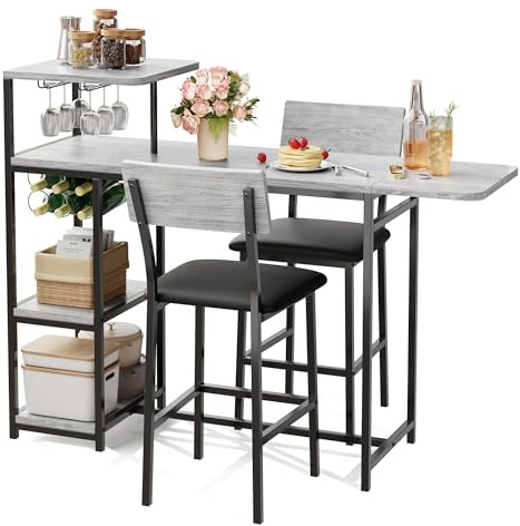 Garvee Dining Table Set for 2, 3-Piece Expandable Bar Table and Chairs Set, with Storage Shelves and Wine Rack, Small Kitchen Dining Set for Living Room, Apartment