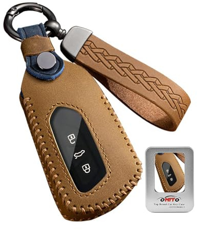 ontto Leather Car key fob cover fit for VW ID.3 ID.4 Golf 8 GTI R Caddy Tiguan Skoda Piano Kodiaq Cupra Octavia remote key case Keychain Keyring Accessories key bag shell auto styling 3 buttons Brown