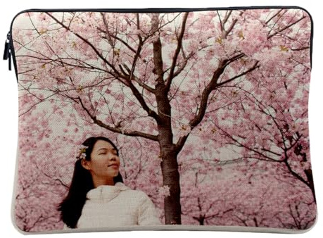 Housse Ordinateur et Tablette Aspect Lin - Sakura Cerisier en Fleur Jolie Fille Japonaise - 12-13 Pouces Pochette de Protection PC Portable Imprimé en France