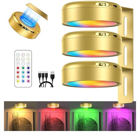 LIAISIMI Lot de 3 Eclairage Tableau Sans Fil, Eclairage Tableau LED Sans Fil Rechargeable, Lampes Magnétiques Avec Télécommande, Lampe Tableau 13 Couleurs RGB, pour Galerie Vitrines Armoire (Or)