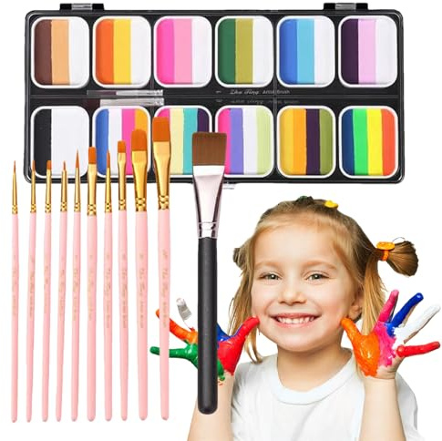 Pintura facial Rainbow Palette – Kit de arte corporal de 12 colores | paleta de maquillaje profesional lavable | Conjunto de pintura vibrante para festivales, , cosplay, teatro, eventos, d