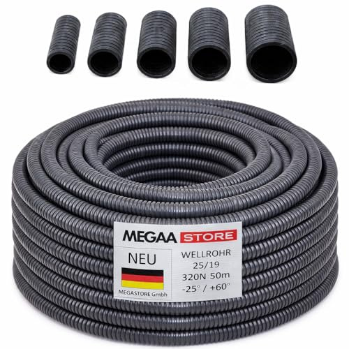 Megaa store Flexibles Leerrohr Wellrohr mit/ohne Zugdraht 320N M16 M20 M25 M32 M40 Kabelschutz UV-Beständigkeit für den Innen- und Außeneinsatz (Ø 19 mm innen/Ø 25 mm außen / 25m)
