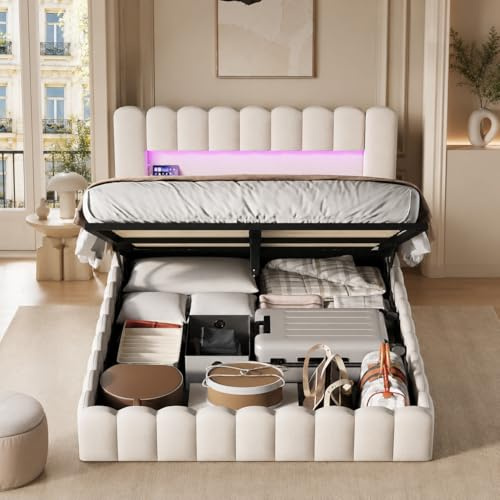Polsterbett Doppelbett 160x200, Bubble Bett mit Hydraulischem Stauraum, LED Jugendbett Hydraulisch mit USB Typ-C, Bett 160x200 mit Bettkasten, Leinenstoff, ohne Matratze, Beige
