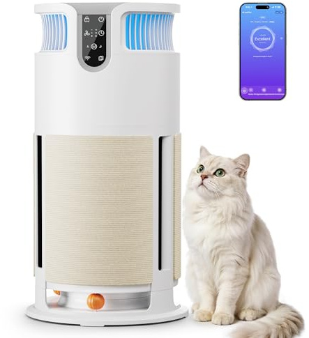 Purificatore d'Aria Intelligente per Pet, Depuratore Aria con Controllo APP Remoto, Trattiene il 99,98% di Muffe, Polvere, Polline e Peli. Completo di Tiragraffi e Giochi, Ideale per Chi Ha Animali