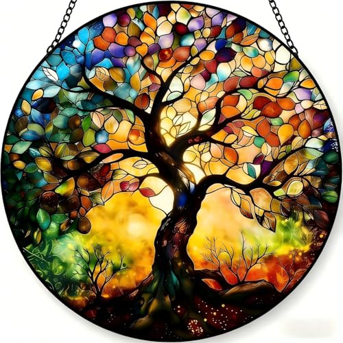 Atrapasol Árbol de la Vida Acrílico 20x20 cm, Colgante con Cadena para Ventana, Suncatcher Colorido Decoración para Pared, Sala y Hogar