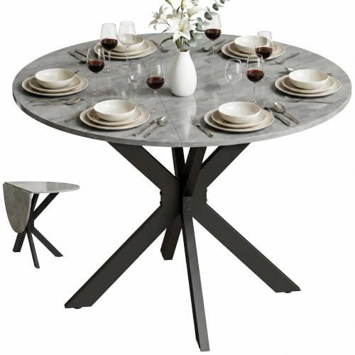 HOMCOM Esstisch Klappbar Für 2-6 Personen 110 x 110 x 76 cm Zementgrau | Runder Küchentisch, Esszimmertisch, Spinnenfuß Aus Stahl, Klapptisch Für Kleine Räume, Esszimmer, Küche