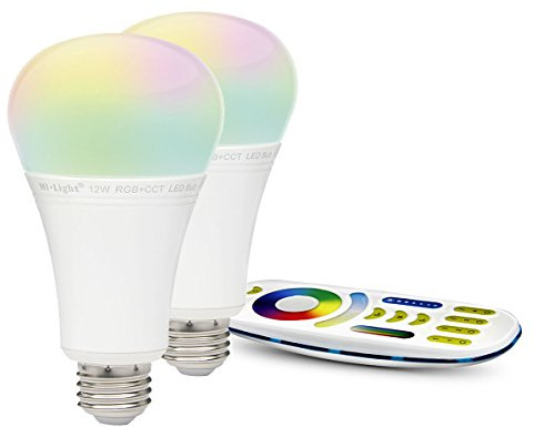 lighteu®, 2x 12W E27 Milight Miboxer WiFi E27 12W 2.4G RF Fernbedienung RGBCCT LED Lampe leuchtet mit einer 4-Zonen-Fernbedienung 2xFUT105+FUT092