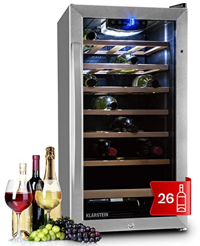 Klarstein Vinoteca 26 Botellas, Nevera Vinos, Una Zona de Refrigeración, Nevera Expositora Vino y Cerveza, Vinoteca Interior y Exterior con Puerta de Cristal, Nevera Vino con Protección UV, 5-18°C