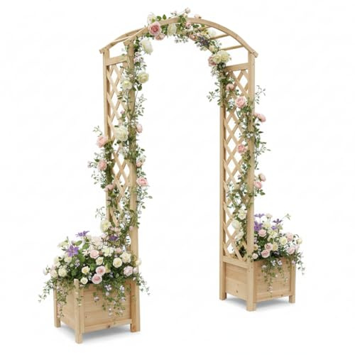 Mucola Rosenbogen Torbogen mit 2 Blumenkübeln 179x41x208 cm Holz Natur | Rankgitter für Kletterpflanzen, Rosen und Efeu, Durchgangsbreite 98 cm, aus Fichtenholz, für Garteneingang und Gartenweg