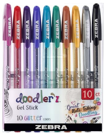 Zebra Pen Doodlerz Gel Stick Pen, Bold Point, 1,0 mm, blandade glitterfärger, 10 stycken (paket med 1)