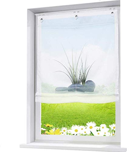 ESLIR Raffrollo Ohne Bohren Gardinen Küche Raffgardinen mit Ösen Transparent Ösenrollo Vorhänge mit Glas Druck Voile Weiß BxH 60x140cm 1 Stück