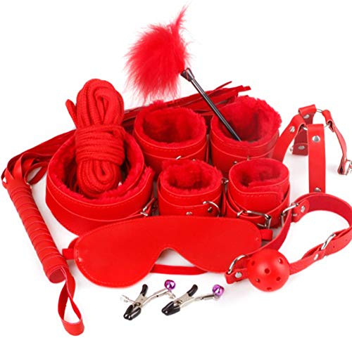 YANXS 10 Stück/einstellen BDSM Sex Bondage Set Leder Weiches Plüsch Einstellbar Sex Bett Fesselset Handschellen Fußfesseln Nippelklemmen Knebel Seile Peitsche SM Sexspielzeug für Paare,Rot