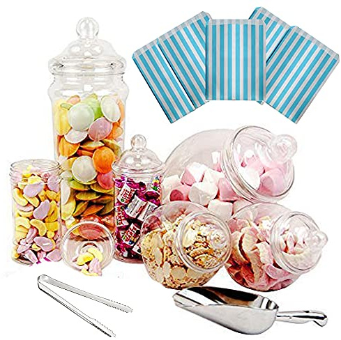 Purple Square 6 Jar Retro Pick & Mix Victorian Sweet Shop Candy Buffet Kit Party Pack with Scoop, Tongs & Bags - Light Blue Stripe