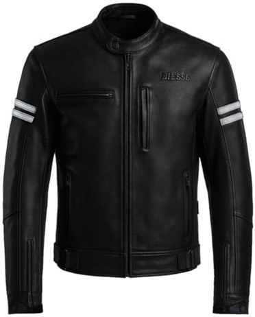 BI ESSE Chaqueta de moto para hombre de piel, chaqueta vintage, con protecciones certificadas, chaleco térmico extraíble, ropa de motociclista, café Race, chaqueta 4 estaciones, invierno, Negro y