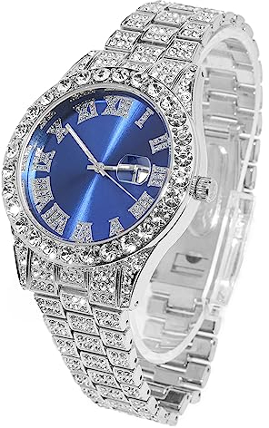 Halukakah Blaues Zifferblatt Diamant Golduhr Iced Out, Männer Platin Weißgold Plattiert Quarz Armband 24cm, mit Geschenkbox