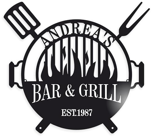 FranJohnsonHouse Personalisierte Bar & Grill Namensschild, BBQ Metallschild | Grill Wanddeko, Einweihungsgeschenk, Geschenk für Vater, Wandschild, Design Option 2