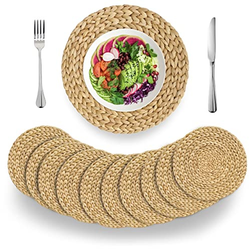 Set di 10 tovagliette rotonde in tessuto di Giacinto d'acqua naturale per tavolo da pranzo, grandi tovagliette in tessuto fatto a mano, resistenti al calore antiscivolo