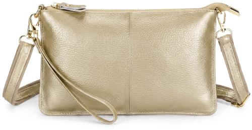 FORRICA Geldbörse Damen Handy Umhängetasche Echte Leder Handytasche Frauen Kleine Schultertasche Rindsleder Clutch Portemonnaie Golden