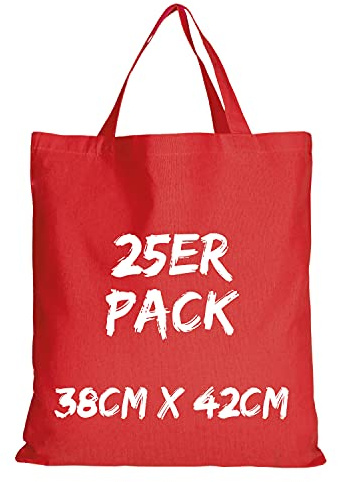TEXXILLA Baumwolltasche - 25er Pack | Rot | mit Zwei kurzen Henkeln | 38x42cm | Jutebeutel | Einkaufstasche | unbedruckt
