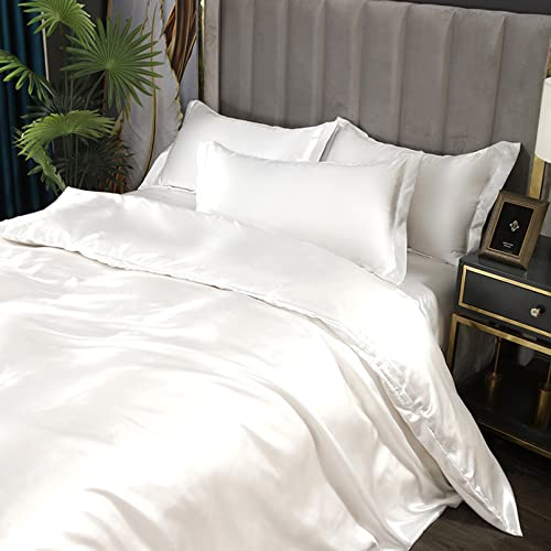 Cutfouwe Luxury Mulberry Silk Bedding Set, 4pcs King Size, White: 1 Duvet Cover, 1 Flat Sheet, 2 Pillowcases