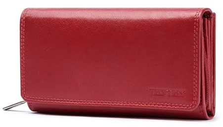 Frentree® Damen Geldbörse aus echtem Nappaleder, großes Leder Portemonnaie mit RFID-Schutz, weiches Echtleder Portmonee, viele Fächer, Rot