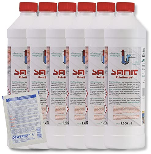 DEWEPRO-Set: SANIT RohrBombe (3066) - 6 Flaschen à 1000ml - Der alternative Rohrreiniger - säurefrei löst er Verstopfungen, insbesondere verursacht durch Haare - inkl. 1 St. DEWEPRO® Single Scrubs