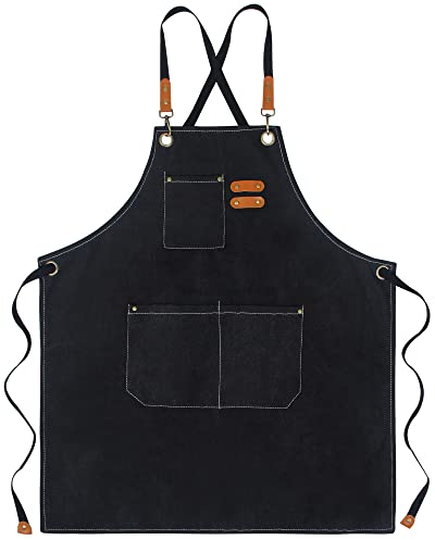 kilofly Arbeitsschürze für Herren und Damen, extra lange Krawatten, Baumwollleinen, robustes Grillen, Schwarz, 79 cm