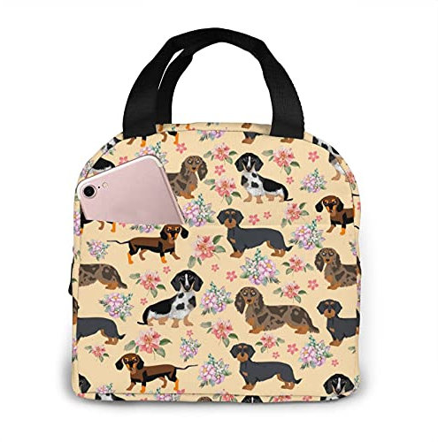 XVBCDFG Bolsa de almuerzo portátil con flores rosas para perros salchicha Dachshund, bolso impermeable para mujer, bolsos de hombro, bolsos pequeños, moneder