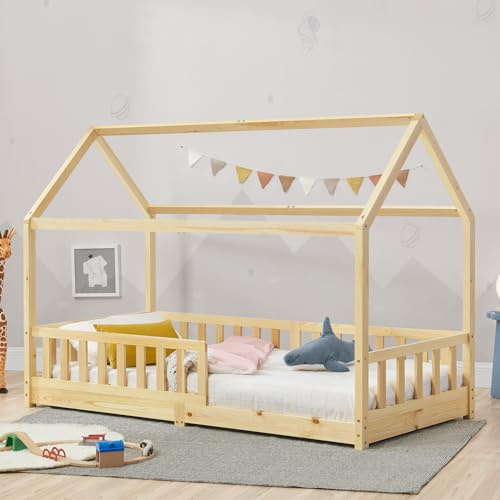 Juskys® Kinderbett Marli 90 x 200 cm mit Rausfallschutz, Lattenrost und Dach - Massivholz Hausbett für Kinder - Bett in Natur