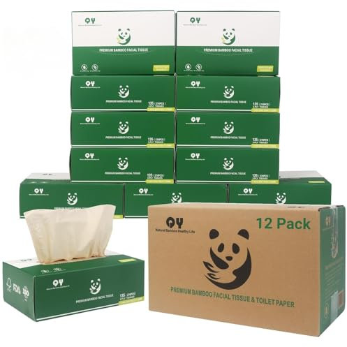QingYa Bambus Taschentücher Box 12 Packungen Kosmetiktücher mit 135 Stück 2-lagig ungebleichtes Naturbraun plastikfrei baumfrei Facial Tissues für sensible Haut umweltfreundlich kompostierbar