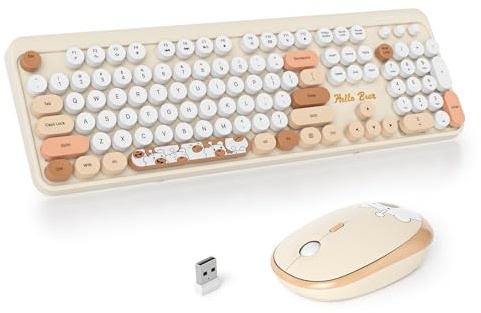 SOLIDEE kabellose Tastatur- und Maus-Kombination, Retro-Schreibmaschinen-Tastatur mit Ziffernblock, 2.4GHz runde Tastenkappe, ergonomische 104-Tasten-Tastatur (Amerikanisch QWERTY) (Bear Beige)