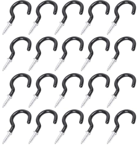 Leliafleury 20 ganchos de rosca negros para tazas, ganchos de techo recubiertos de plástico, ganchos de tornillo para colgar plantas, tazas, utensilios de cocina, 1-1/4 pulgadas