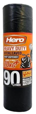 Hero 90L Extra Heavy Duty Refuse Sacks – 12 Black Bin Bags per Roll – Interleaved Recycled Bin Liners – Strong 20kg Waste Bags for Household, Garden, Office & Commercial Use