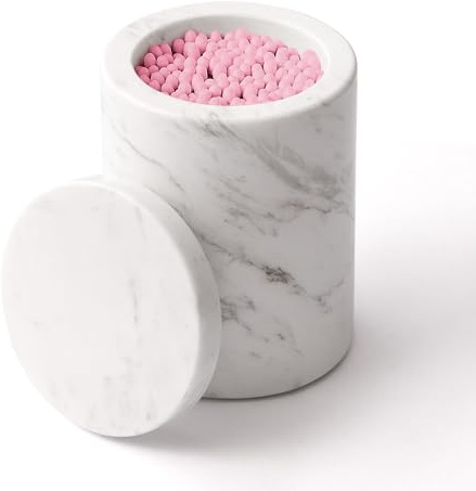 WORHE Natural Marble Canister,Bathroom Cotton Swabs Canister with Lid White | Bath Salt Cotton Ball Canister for Bathroom vanity table,Makeup accessories Box,for Cotton Swab,Floss Picks, 8x8x11 cm, DL011