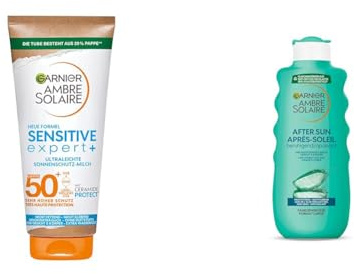 Bundle aus Garnier Sonnenschutzmilch mit LSF 50+, S, Ambre Solaire Sensitive expert+, 1 x 175 ml + Garnier After Sun Lotion, Ambre Solaire Feuchtigkeits-Milch, 1 x 400 ml