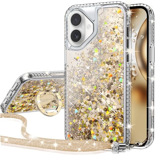 Silverback for iPhone 16 Case, Glitter Case with Stand & Lanyard. Gold | Liquid Holographic Sparkly Glitter Case, Women Girls Bling Diamond Ring Shockproof Protective Cover- Gold