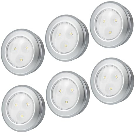HONWELL Push Light, batteriebetriebenes Puck Light,Wasserhahnleuchte mit 60 Lumen und 3000K Schranklampe Drücken Sie Lampe Lampe zum Aufkleben,Ideal für Küchenschränke und Schränke, 6er-Pack, Silber