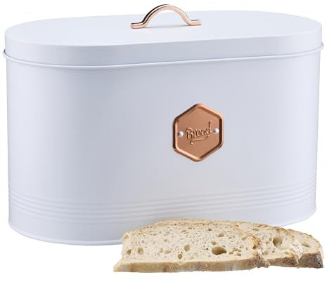 Cooks Professional Bread Bin | Modern Stylish Kitchen Countertop Labelled Metal Storage Canister | Breathable Container Box for Loaves, Pastries, Rolls | White & Copper