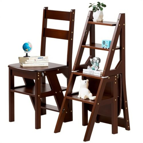 Solid Wood 3-in-1 Folding Ladder Chair, Convertible Step Stool & Display Rack, 4-Tier Multi-Functional Ladder, Dual Purpose for Home, Kitchen, Library, 265 lbs Capacity (Walnut Color, 13 x 18 x 35 in)