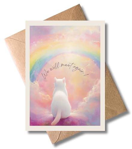 WBdesignz Tiertrauerkarte Katze mit Umschlag- We will meet again Wiedersehen Trauer Kondolenzkarte Haustier Verlust Trost einfühlsam liebevoll Regenbogen Anteilnahme Abschied (DIN A6)