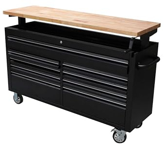 Factory Image Racing 61 Black Powder Coated Steel Tool Chest 9 Drawers with Adjustable Height Wooden Top