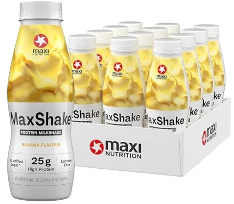 MaxiNutrition MaxShake Protein Milkshake Banana Flavour, 12 x 330ml, 25g protein, low fat & low carb, lactose-free, no artificial flavors,