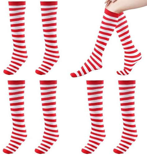 BEIMEIII 3 Stück Ringelsocken Rot Weiß Rote Ringelsocken Gestreifte Socken Plüsch Kniestrümpfe Rot Weiß Gestreift Karneval für Erwachsene