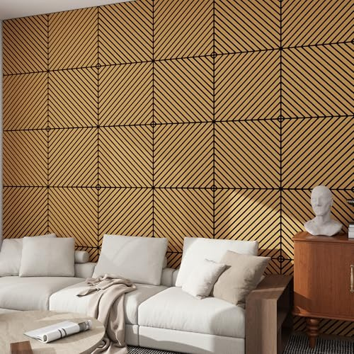 NEU.HOLZ Lot de 16 Panneaux Acoustiques Muraux et pour Plafond à Lamelles en Diagonale Isolation Sonore Scandinave Installation Facile Chambre Salon Studio MDF 5,76 m² 60 x 60 cm Effet Chêne Foncé