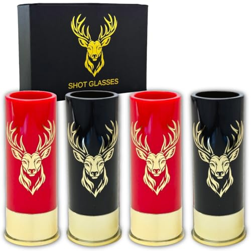 Durawe Company Verres à schnaps avec tête de cerf pour hommes et femmes, fête de mariage, fête des pères, cadeaux pour chasseurs 12 GA chasse au cerf - Petits verres à schnaps avec boîte cadeau (Noir