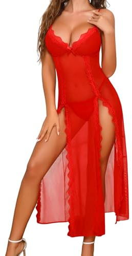Niwicee Sexy Dessous Damen Negligee Sexy Babydoll Spitze Mesh Unterwäsche Lange Reizwäsche V-Ausschnitt Seitlich Geschlitztes Lingerie Nachtwäsche Kleid (Rot, M)